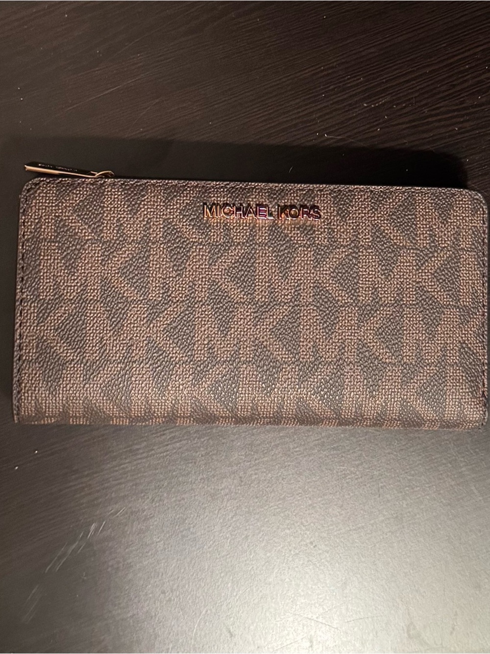 Michael Kors Brown Monogram Zip Wallet with Gold Logo